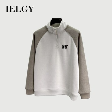 IELGY 高領拉鍊衛衣男士拼色插肩長袖t恤