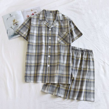 夏季純棉短袖睡衣 男女情侶居家服套裝水洗棉短袖短褲睡衣套裝日系休閒簡約格子套裝男女士家居服
