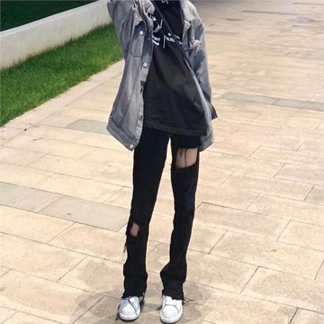 歐美FOG水洗黑色拼接破洞做舊高街復古微喇叭牛仔長褲子潮流男女