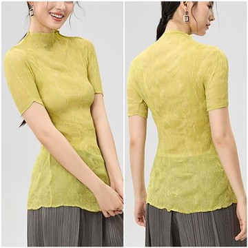【米蘭精品】現貨+預購三宅風皺褶衣服褶皺上衣高級摺衣彈力短袖女裝顯瘦折衣大碼-高領女上衣10色74mm16