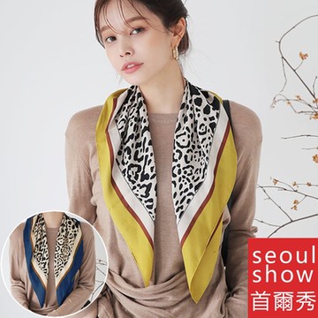 seoul show首爾秀 乳牛花紋方領巾仿真蠶絲緞面頭巾雪紡絲巾