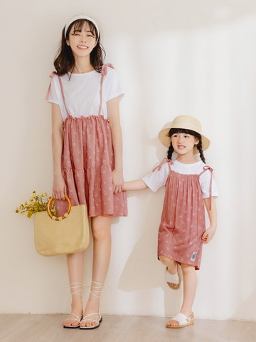 KITTY復古台灣親子款．滿版印花抽皺綁帶女童洋裝