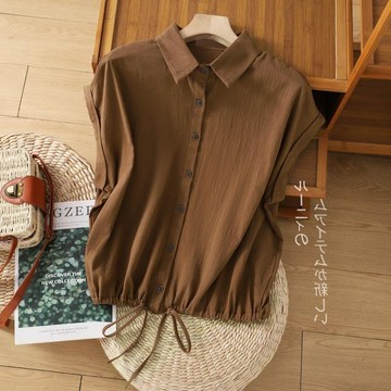【🍒櫻桃大尺碼】大尺碼襯衫 文藝胖MM2024夏季新款短袖襯衣抽繩擺上衣氣質襯衫冰絲