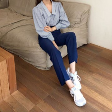 微喇叭長褲側拉鏈韓版24春秋季新款chic褲子寶藍色寬松顯瘦直筒女