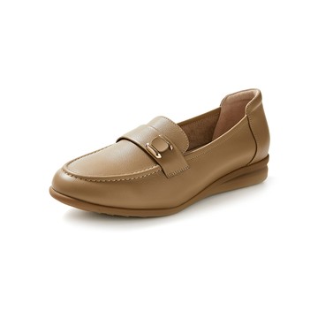 (限時⬊5折)GREENPINE素面彈力全真皮樂福楔型鞋 淺卡其色 (00310298)