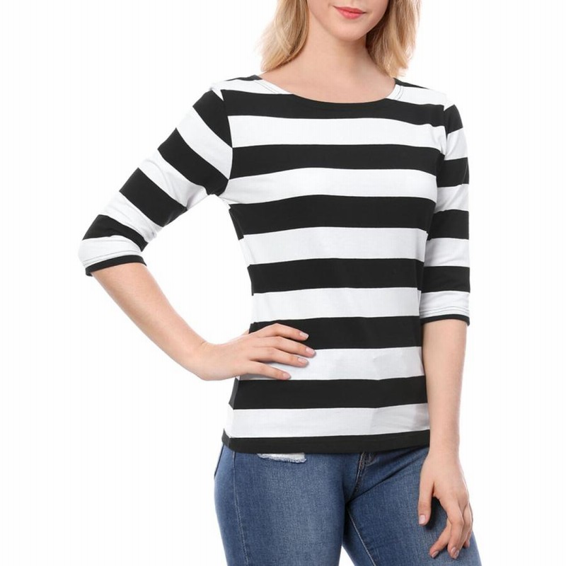 uxcell Allegra K ボーダー tシャツ トップス ストライプ 横縞 五分袖 