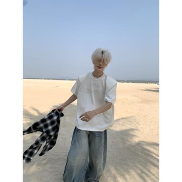 ONE Lilacfish 小眾珍珠logo設計感墊肩短袖寬松圓領簡約百搭T恤