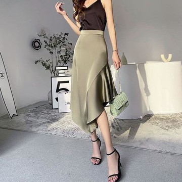 醋酸緞面不規則魚尾裙半身裙女秋垂感高級感荷葉邊包臀裙半裙子