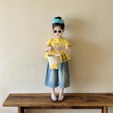 女童韓版套裝2025夏新款兒童可愛kt貓短袖吊帶紗兩件套牛仔七分褲