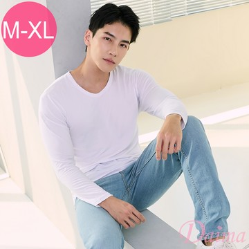 男士 (M-XL)圓領素面蓄熱磨毛彈性保暖上衣T恤 (長袖)_白色#5139