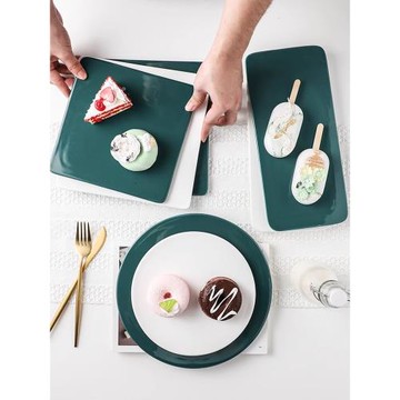 墨綠陶瓷西餐平板烘焙餐具正方盤蛋糕盤子長方平盤日式擺盤壽司盤