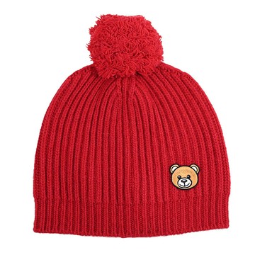 MOSCHINO 65375 電繡布章小熊羊毛混紡保暖毛球毛帽.紅