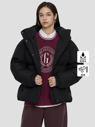 女裝 Logo刺繡防風防潑水連帽羽絨外套-黑色