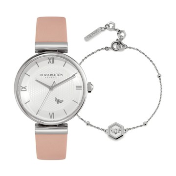 Olivia Burton  Minima Bee 蜂巢手鍊 皮革帶腕錶套組 28MM (24070004)