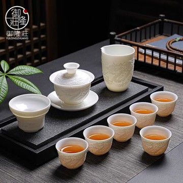 羊脂玉茶具套裝家用高檔辦公室會客中式功夫陶瓷小套蓋碗茶杯整套