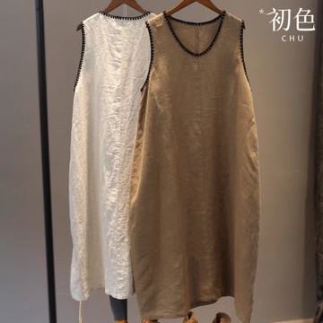 初色 花邊圓領無袖寬鬆連身裙中長裙連衣裙連身洋裝長裙-共2色-14542(M-2XL可選)