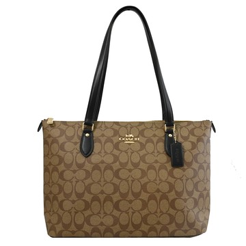 COACH CS187 經典馬車LOGO印花肩背托特包.駝/黑邊