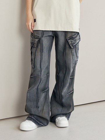 潮流側口袋刷色寬鬆長褲