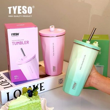 TYESO泰碩2025新款保溫杯漸變吸管咖啡杯車載不銹鋼菱形冰霸水杯