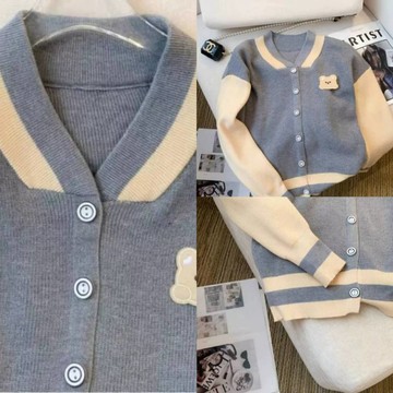 (時尚單品上裝)🐻復古開衫毛衣棒球服新款卡通小熊刺繡休閒外套🐻撞色 V領 小熊 刺繡 棒球服 外套 針織 開衫 女秋冬