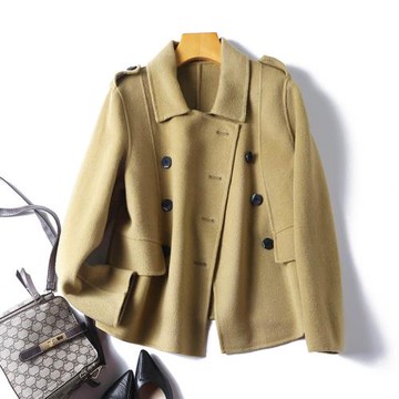 短款雙面羊絨大衣女 秋冬小個子翻領雙排扣全澳洲羊毛毛呢外套