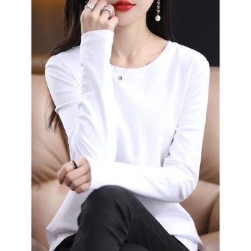 (免運)新疆棉 2025春秋長袖t恤女80支絲光棉外穿純棉內搭白色圓領打底衫