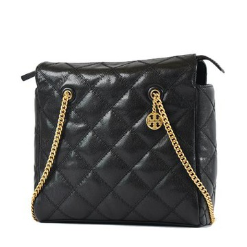TORY BURCH WILLA 衍縫菱格鍊帶拉鍊肩背包-黑色