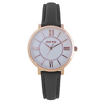 GOTO浪漫小資女精品時尚手錶-IP玫白x黑皮/33mm