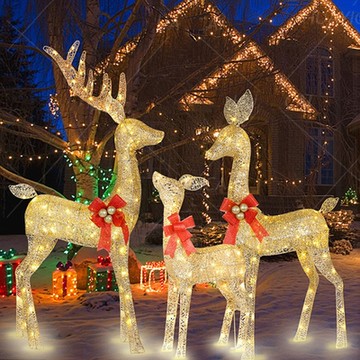 聖誕節慶典場景布置 櫥窗裝飾三口之家麋鹿 聖誕鹿鐵藝擺件 發光鹿（公鹿+母鹿+小鹿）