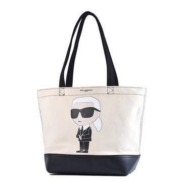 KARL LAGERFELD Q版老佛爺磁釦棉布拚皮革托特包-米色