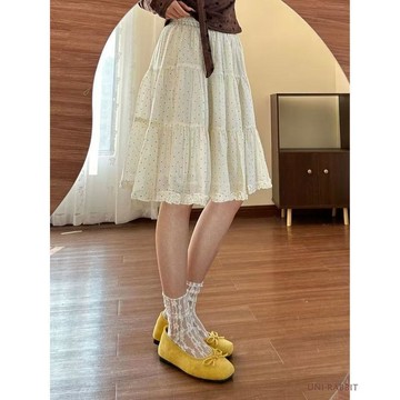 【台灣出貨】大碼胖MM波點木耳邊杏色半身裙女夏季高腰a字裙減齡蛋糕裙短裙子半身裙女女生裙子大碼裙韓版半身裙