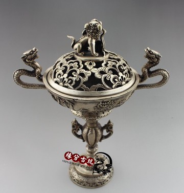 仿古銅器白銅黃銅鍍銀雙龍麒麟熏香爐擺件 古玩家居裝飾收藏品1入