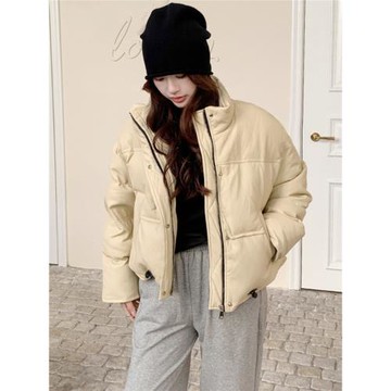(免運)復古立領PU皮免洗短款羽絨服女2024冬新款韓系白鴨絨保暖面包外套