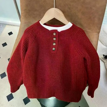 氛圍感穿搭~秋冬季兒童紅色毛衣圓領韓版小童長袖打底女童針織衫時尚寶寶上衣 男童毛衣 打底針織衫上衣 內搭毛衣 韓版上衣