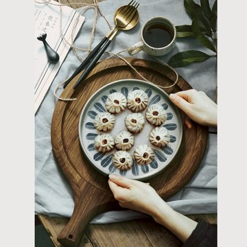 手繪早餐盤粗陶餃子盤田園風陶藝餐具意面盤牛排盤沙拉盤水果盤1入