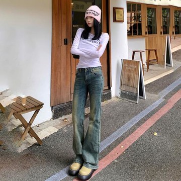 美式辣妹做舊牛仔微喇褲女2024年春秋新款低腰修身顯瘦彈力喇叭褲