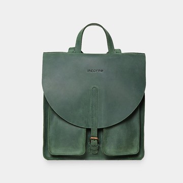 綠色皮革筆電背包 — 復古男女通用工作旅行後背包