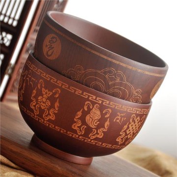 新款蒙古木碗吉祥八寶圖案湯碗酸棗木大碗民族復古風純色大號面碗
