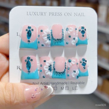 ✨Hannah✨純手工穿戴甲新款短鴨嘴款藍色鑽石花朵高級感法式美甲貼片純手工穿戴甲 6BDR