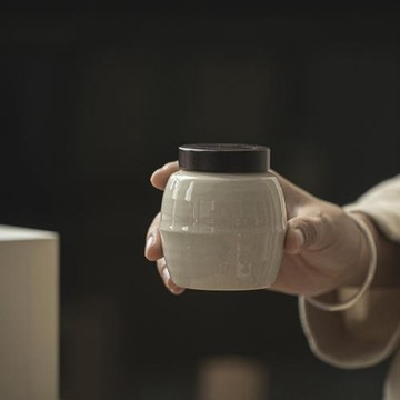 草木灰釉小號茶葉罐黑檀木蓋迷你香粉罐日式仿古藥丸罐陶瓷密封罐