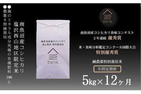 南魚沼塩沢産コシヒカリ５kg×12回　減農薬特別栽培米　南魚沼食味コンクール２年連続優秀賞