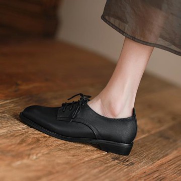 英倫風軟皮jk小皮鞋女粗跟系帶深口單鞋中跟黑色工作鞋學院風百搭