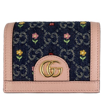 GUCCI 古馳  牛仔布小花粉色皮革名片式短夾