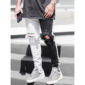 New fashion skinny jeans men's clothes 破洞直筒拉鏈小腳褲男