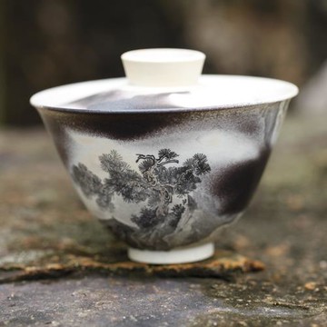 景德鎮藝術文藝復古裸燒釉下彩手繪山水畫品茗杯功夫茶裸燒蓋碗