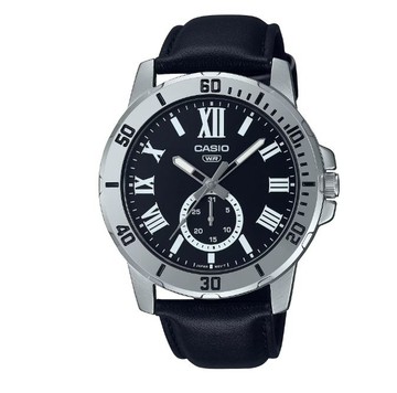 CASIO 紳士時尚羅馬時刻日期顯示皮帶腕錶-銀框X 黑面(MTP-VD200L-1B)
