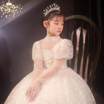 花童婚禮小女孩禮服高端蓬蓬紗長袖重工鋼琴演出主持人兒童公主裙
