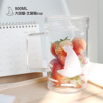 高硼硅北極熊杯子大容量玻璃杯帶蓋水杯可愛超萌耐熱帶把牛奶杯