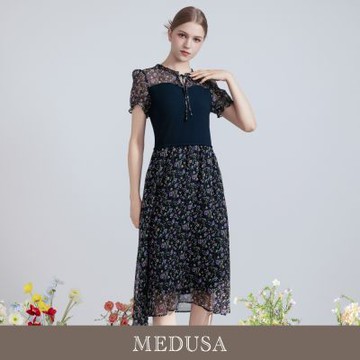 現貨【MEDUSA 曼度莎】浪漫碎花雪紡拼接透膚長洋裝（M-XL）｜雪紡洋裝 碎花洋裝 透膚拼接洋裝