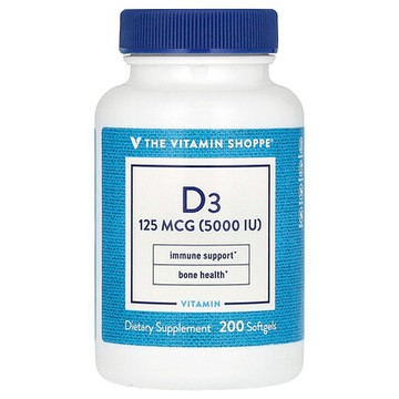 The Vitamin Shoppe, 維生素 D3 軟膠囊，125 微克（5,000 國際單位），200 粒